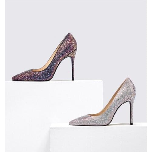 2021spring shallow mouth pointed single shoe banquet dress rhinestone shoes large size small size bridesmaid catwalk shoes women