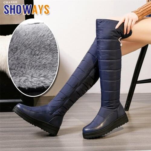 2020 Winter Down Plush Women Thigh-high Snow Boots Black Waterproof Crystal Buckle Belt Lady Wedge Platform Over Knee Long Boots