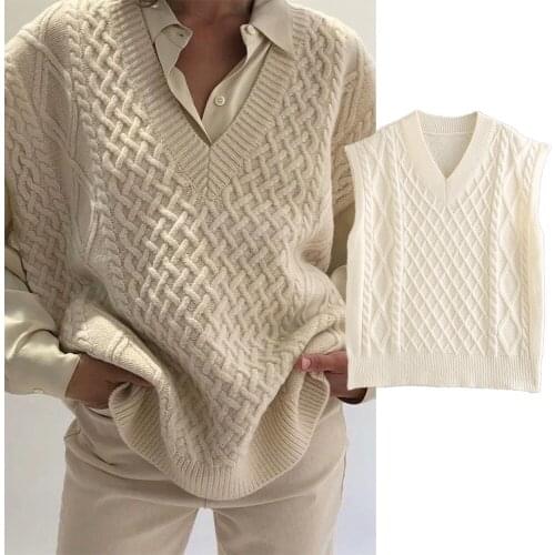 Women Sweaters Vest Za Fashion 2021 Beige Twisted V Neck Sleeveless Sweaters Oversized Vintage Waistcoat Chic Mujer Tops