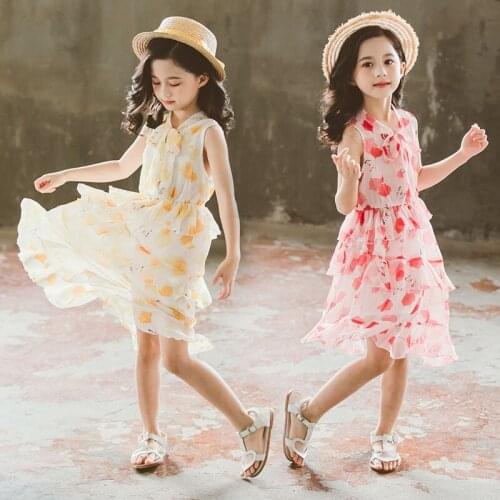2019 Girl Kids Summer Chiffon Dress Bow Layers Princess Dresses For Girls Children Clothes Outfits