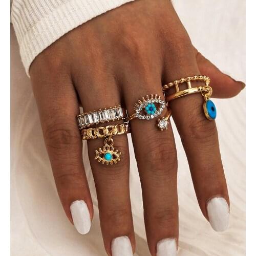 DIEZI 4Pcs/Sets Vintage Bohemian Blue Eyes Rhinestone Knuckle Joint Rings Set Women Punk Gold Color Finger Rings Jewelry