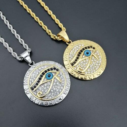 Hip Hop Egyptian The Eye of Horus Pendant Necklace For Women/Men Stainless Steel Evil Eyes Necklace Iced Out Bling Egypt Jewelry