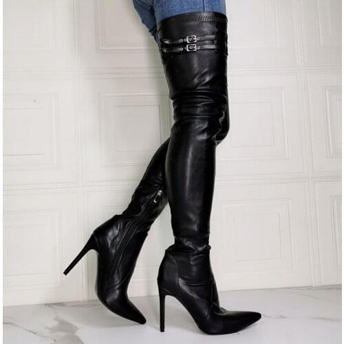 Fashion Double Straps Buckle Over The Knee Boots Lady Black PU Leather Pointed Toe Thin Heels Thigh Boots Knight Boots