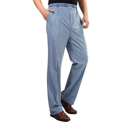 Plus Size Men Pants Casual High Waist Deep Crotch Breathable Male Trousers Elastic Waist Straight Trousers Thin Pants Summer