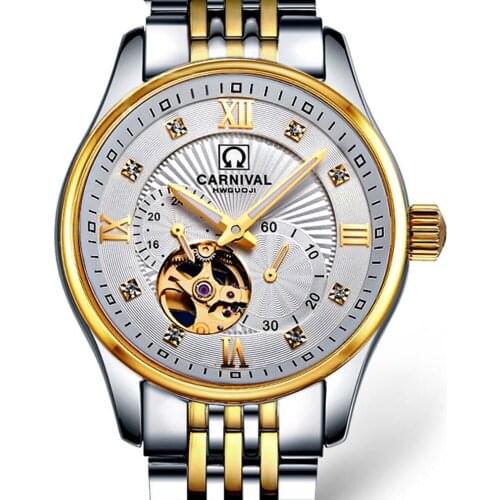 Carvinal Mens Business Waterproof Steel Watchband Automatic Self-Wind Mechanical Watch Wristwatch - gold bezel white dia