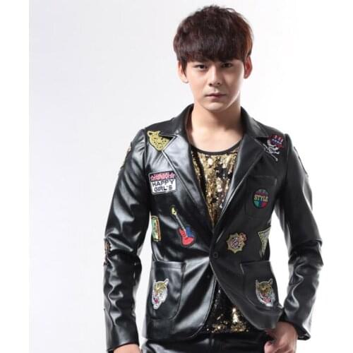 Rock punk patch motorcycle clothes men suits designs masculino homme terno stage costumes for singers leather jacket men blazer