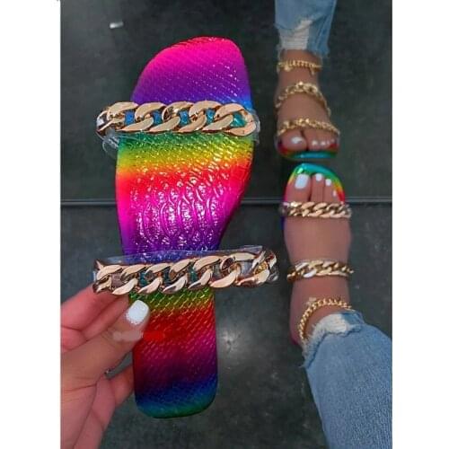 2021 Summer New Flat Sandals Open Toe Outdoor Womens Shoes Fashion Chain Beach Slippers Plus Size 43