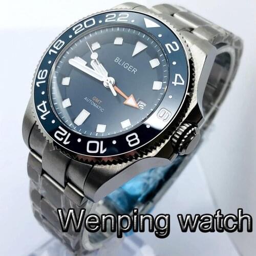 New Bliger 43mm Mens Top Luxury Mechanical Watch Silver Case Sapphire Glass Ceramic Bezel Blue Dial Mens GMT Automatic Watch