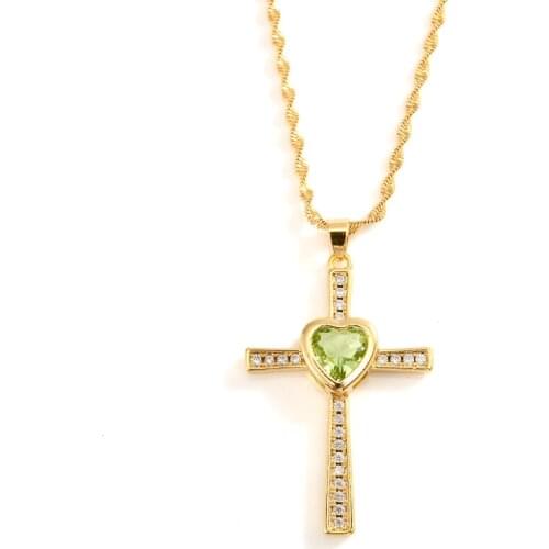 New 18 k Fine Solid Gold Tone Cross Pendant Crucifix with Green Pink Purple blue Inlay heart Necklace 50 cm Religious Gift