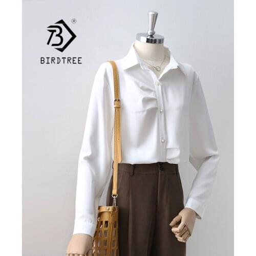 Autumn Women White Shirt Vintage Long Sleeve Satin Blouse Turn-Down Ruched Collar Elegant Office Wear Fall Spring Basic Tops T17