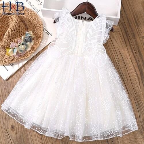 Humor Bear Girls Dress Summer New Sleeveless Lace Cartoon Wing Printed Mesh Yarn Cute Priness Dress Toddler Clothes