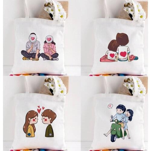Valentine Gift Reusable Shopping Tote Bag Women Canvas Shoulder Bag Students Book Travel Bags Cartoon Boyfriends Girlfriends