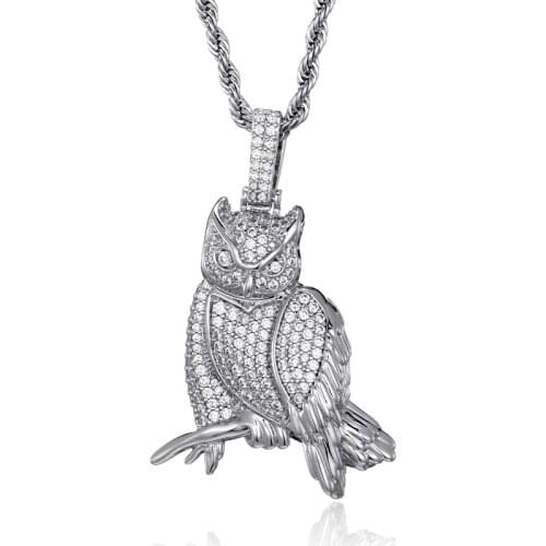 D&Z Owl Shape Pendant In White Gold Soild Back Pendant Iced Out Cubic Zircon Stones Men Hip Hop Rock Jewelry