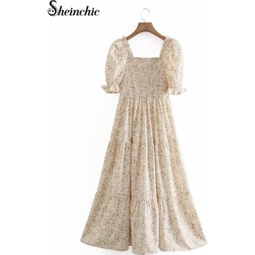 Casual Leopard Printed Long Dresses for Women 2021 Summer Vintage Puff Sleeve Pleated Maxi Dress Chiffon