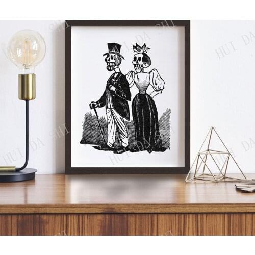 Skeleton Marriage Print • Vintage Mexican Skeleton Woodcut • Goth Bride, Goth Groom! • Wedding Decoration