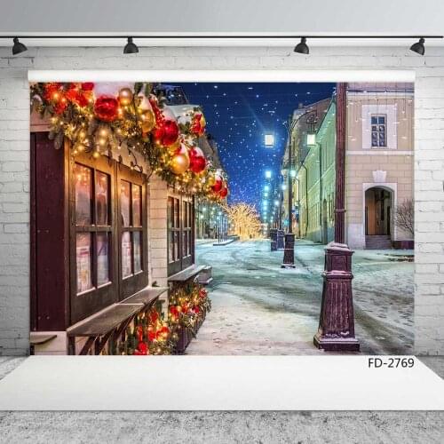 Christmas Ball Vintage Building Snow Night Street Photography Backdrop Vinyl Cloth Background for Baby Child Fond Studio Photo