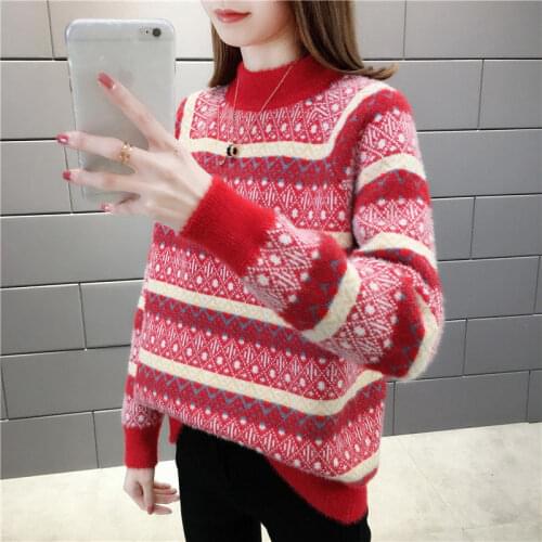 Womens Autumn Winter Red Holiday Party Stitching Thick Striped Sweater Top Female Loose mink velvet pullover round neck sweater