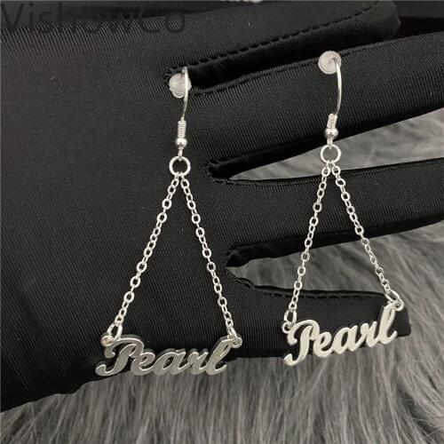 VishowCo Custom Name Earrings 1 Pair Personalized Stainless Steel Custom Unique Nameplate Tassel Drop Earrings Jewelry Gifts