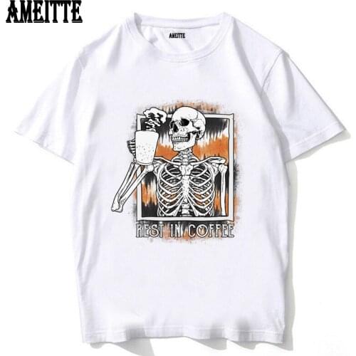 Skeleton Drinking Coffee Lover Funny Halloween T-Shirt New Summer Men Short Sleeve Funny Skull Art Boy Casual Tops Man White Tee