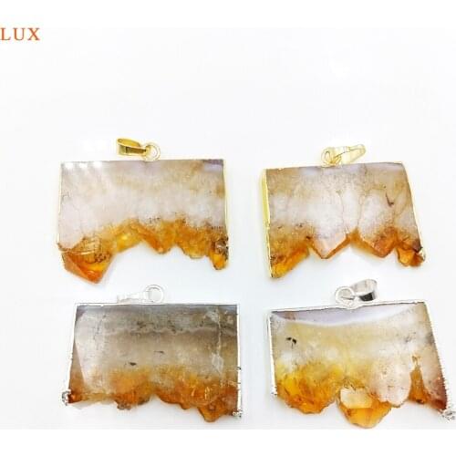 Yellow Citrines Geode Slice Pendants Raw Crystal Quartz Drusy Rectangle Druzy Slab Charms For DIY Necklace Jewelry
