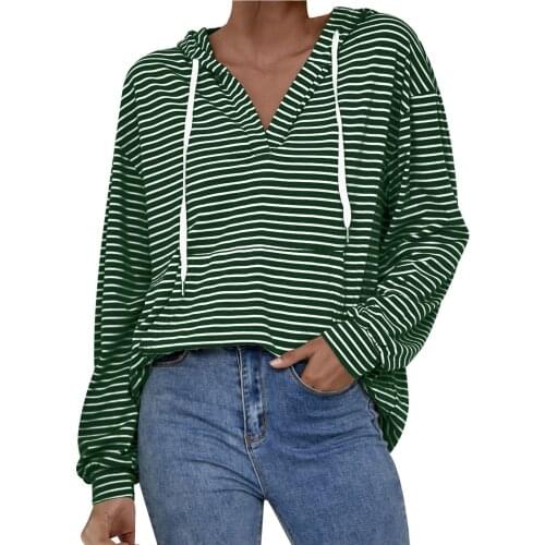 Women Sweatshirts Casual Stripe Splice Long Sleeve Hoody Pullover Streetwear Pocket V-Neck Tops Oversized Drawstring Moletom