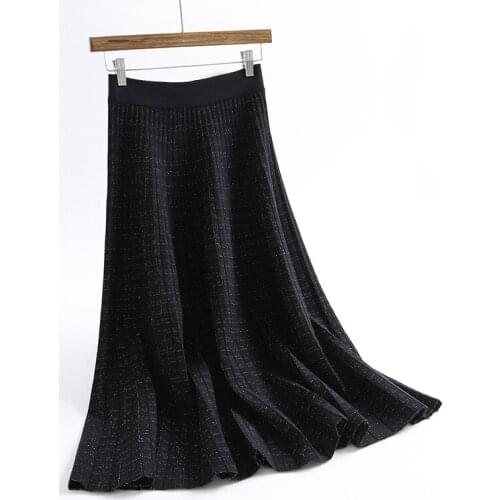 Skirts High Waist Knitting A-Line Faldas Jupe Femme Women Spring Pleated Long Skirt Black Saia