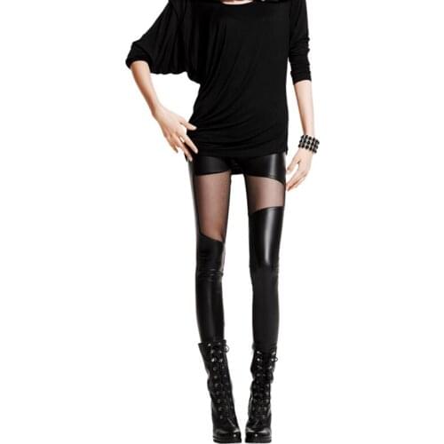 Women’s Faux Leather Leggings Sexy Mesh Patchwork Tights Lace Up Black Pencil Pants Leisure Sports Pants