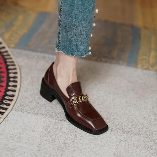 MORDOAN Genuine Cow Leather Loafers For Women Shoes Mid Heel Square Toe Ladies Casual Shoes Oxford Shoes Women Chain Decoration