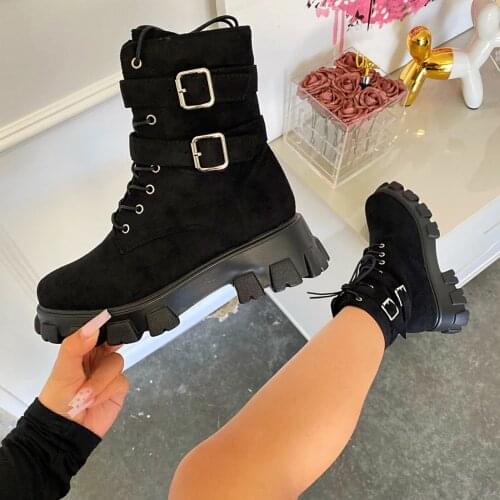 Womens Winter Fashion Boots Wedge Buckle Strap Round Toe Lace Up Ankle Boots High Quality Daily Simple Shoes Fast Free Shipping