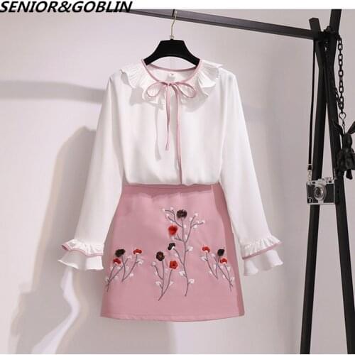 2020 New Runway Brand Suit Set Women Elegant Bowknot Collar Ruffle Chiffon Blouse Shirt+Pink Embroidery Skirt Sets