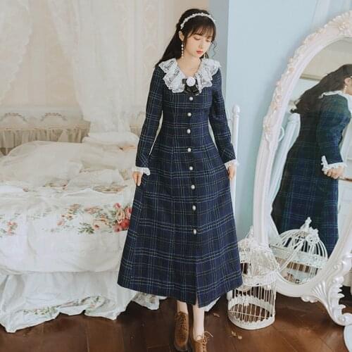 SWEETXUE Retro Long-Sleeved Plaid French First Love Autumn And Winter Lace Patchwork Single Breasted Elegant Dress Women