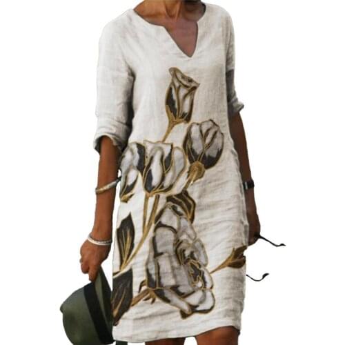 Plus Size Fashion Dress Casual Loose Printed Half Sleeve Vintage Elegant Women V Neck Beach Skirt Office Dresses