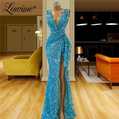High Split Beads Prom Dresses Mermaid V Neck Party Dress 2021 Robes De Soiree Arabic African Long Evening Gowns Vestidos