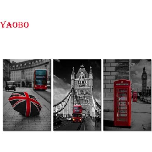 3 Pieces Diamond Embroidery Black And White Red London Bus England British Diamond Mosaic 5D DIY Diamond Painting Cross Stitch