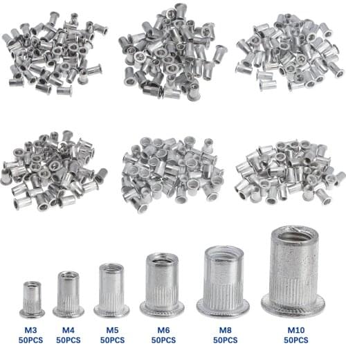 50Pcs M3 M4 M6 M8 M10 Flat Head Rivet Nuts Set Aluminum Alloy Rivnut Flat Head Threaded Rivet Insert Nutsert Cap