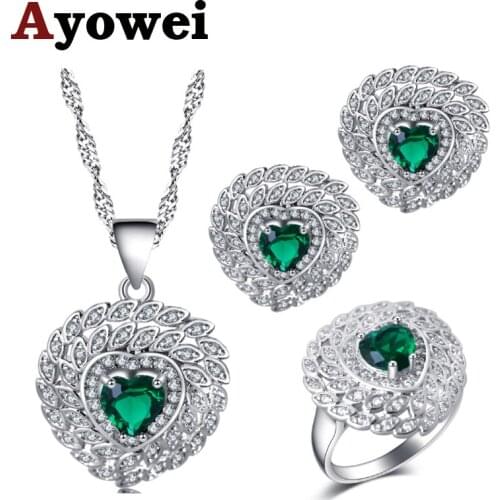 Ayowei For women passion heart-shaped green zircon silver Earrings Necklace pendant Rings Sets USA size #6#7#8#9#10 JS722A