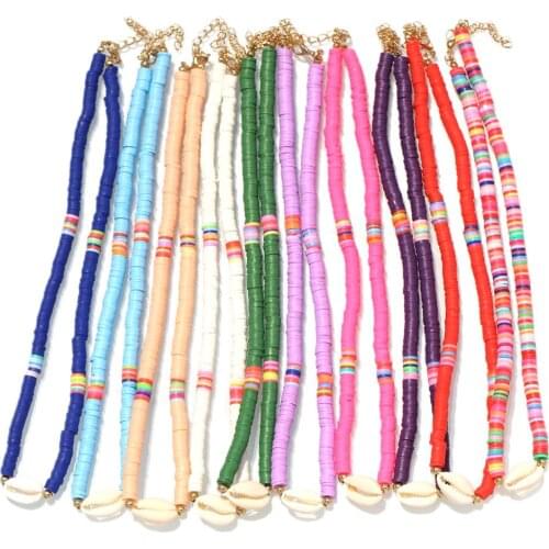 Boho Multicolor Rainbow 6mm Polymer Clay Heishi Beads Surfer Choker Women Girl 2020 New Fashion Cowrie Shells Beach Necklace
