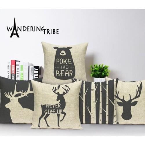 Animal Elk Deer Bear Home Cushion Decorative Soft Seat Car Covers Custom Linen Dark Blue Nordic Cushions cover Car Pillowcase