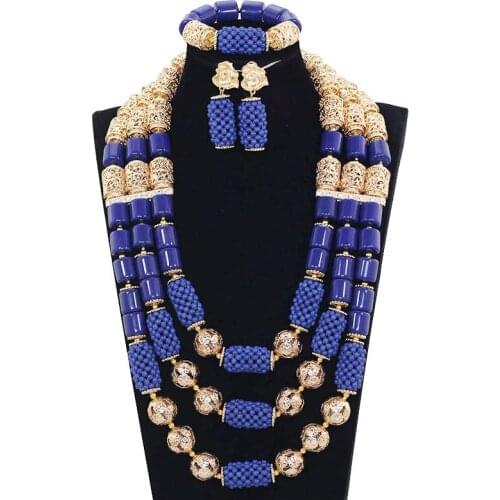 Exclusive Royal Blue African Bride Wedding Beads Jewelry Set Gold Statement Necklace Set for Women Birthday Gift Jewelry WE135