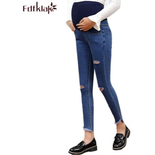 Fdfklak Fashion Hole Maternity Pant Asymmetry Length Jeans Pregnancy Pants Women Long Pant Denim Pregnancy Clothes Pants