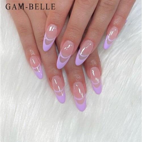 GAM-BELLE French Purple Stripe Tips Fake Nails Oval Full Cover Detachable Artificial False Nails Art Decoration Manicure Tool