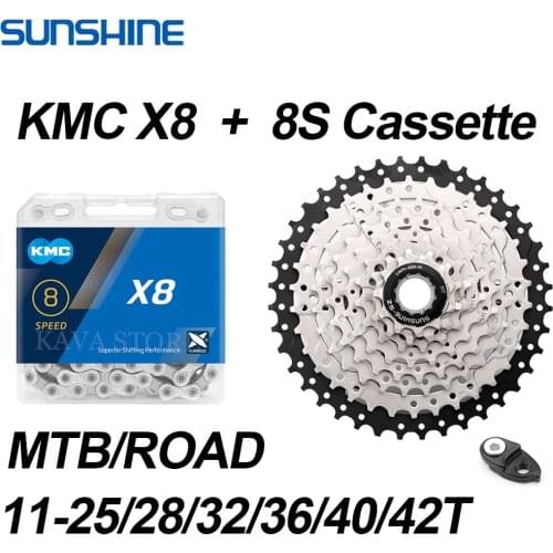 Sunshine Road/MTB Bike Cassette 8V Bicycle Flywheel KMC X8 8S Chain 25T 28T 32T 36T 40T 42T 8 Speed Crown for Shimano