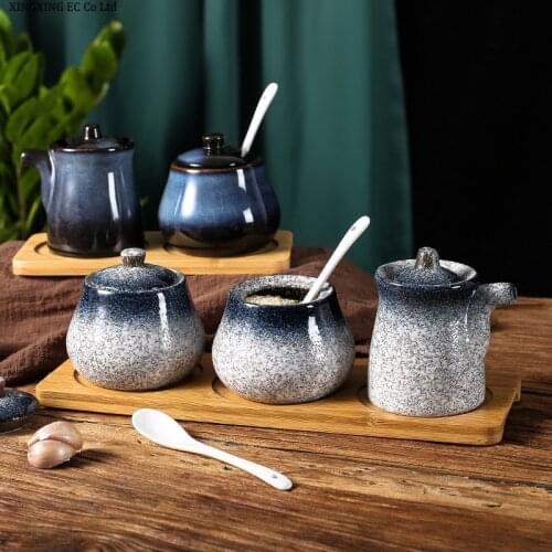 Storage Tank Japanese Retro Ceramic Seasoning Box Household Salt Tank Oil Bottle Combination Set Commercial Restaurant Tableware