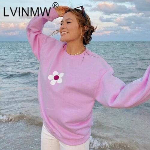 LVINMW Hoodies Flower Printed Sweet Loose Casual Pullovers Basic Simple Fashion Crew Neck Long Sleeve Top Autumn Cute Streetwear