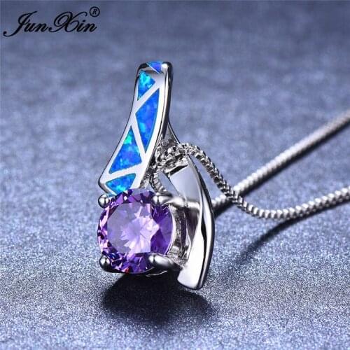 Cute Female Small Purple Round Pendants Necklaces Boho Blue White Fire Opal Necklace Fashion silver color Wedding Jewelry