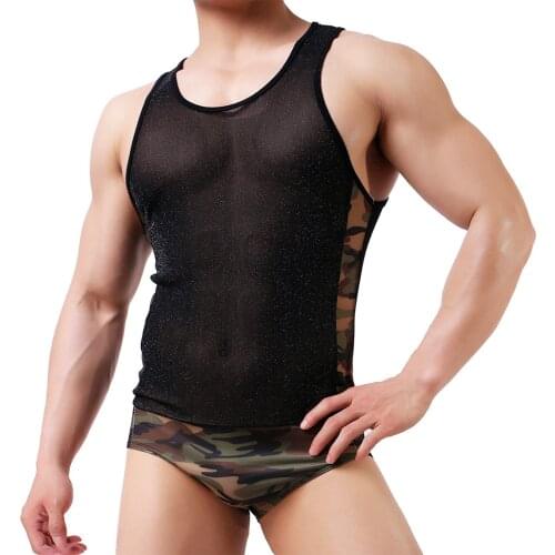 Mens Lingerie Shiny See-through Sleeveless Bodysuit Stretchy Romper Shaper Camouflage Print Patchwork Leotard Nightwear Clubwear
