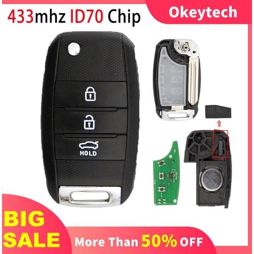 OkeyTech 433MHZ ID70 Transponder Chip Flip Car Remote Key for Kia K3 Forte 2013 2014 2015 3 Buttons Replacement Folding Key