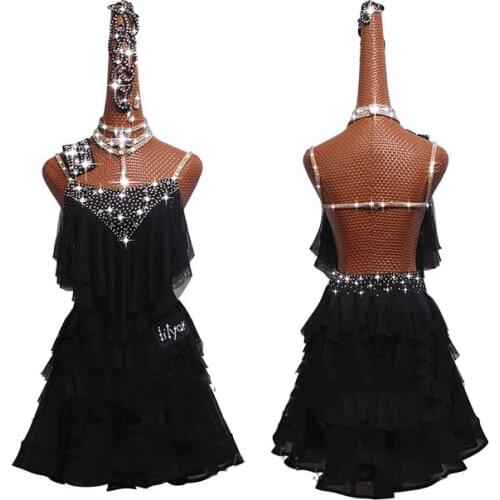 Latin Dance Dresses For Women/Girls Latin Costumes Party Dancer Singer Diamond Cake skirt Black Dress For Girls/Females BL1116