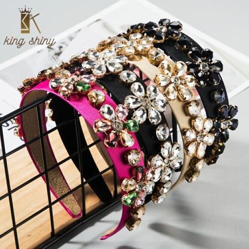 Luxury Baroque Colorful Crystal Flower Headband for Woman Elegant Color Fabric Wide Hair Band Bridal Wedding Party Hair Jewelry