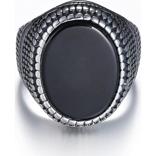 Big Black Stone Rings Men and Women Vintage Snake Skin Ethnic 316LStainless Steel Classic Retro Mens Rings